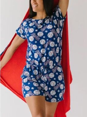 Bums and Roses NWT Blue Baseball Perfect Catch Print Short Sleeve Shortie Romper